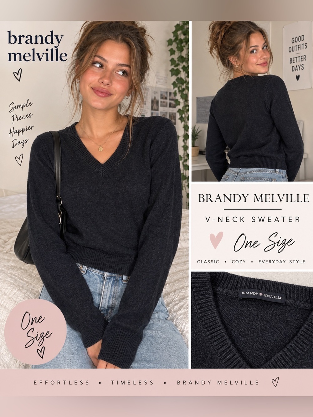 Brandy Melville V-Neck Navy Wool Blue Sweater waist elastic long sleeves